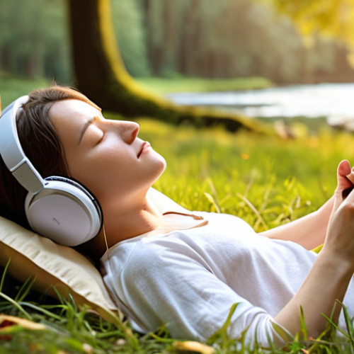 Home 4 **
A serene scene depicting music therapy in action. A person is listening to music with closed eyes, looking peaceful and relaxed. Soft, warm colors should dominate the scene. The background could hint at nature or a calming environment. The overall feeling should be one of stress relief and mental well-being.
**