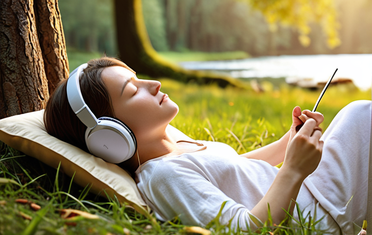 **
A serene scene depicting music therapy in action. A person is listening to music with closed eyes, looking peaceful and relaxed. Soft, warm colors should dominate the scene. The background could hint at nature or a calming environment. The overall feeling should be one of stress relief and mental well-being.
**