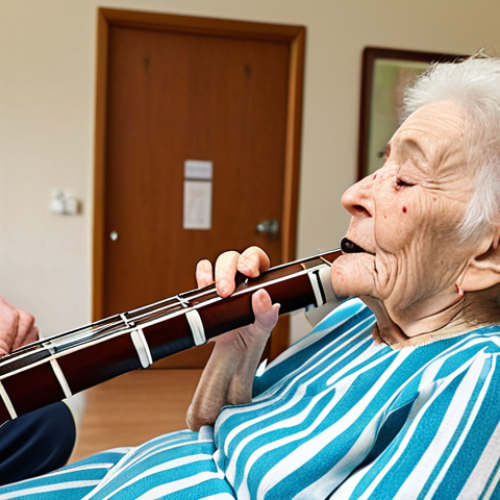 Home 18 **
A music therapist playing a musical instrument for an elderly person in a nursing home. The elderly person is visibly moved, with tears in their eyes, remembering past memories. Focus on conveying empathy and the emotional power of music.
**