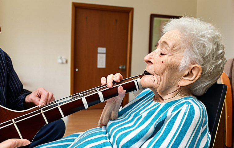 **

A music therapist playing a musical instrument for an elderly person in a nursing home. The elderly person is visibly moved, with tears in their eyes, remembering past memories. Focus on conveying empathy and the emotional power of music.

**
