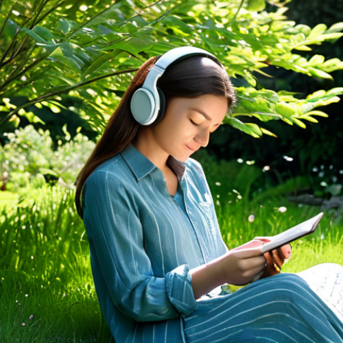 Home 17 **
"A serene scene of a woman, fully clothed in modest attire, eyes closed, listening to music through headphones in a peaceful garden setting. Sunlight filters through the trees. She's surrounded by flowers and greenery. Perfect anatomy, correct proportions, natural pose. Safe for work, appropriate content, fully clothed, professional, family-friendly, emphasizing the calming effects of music for mental well-being. High quality, professional photography."
**