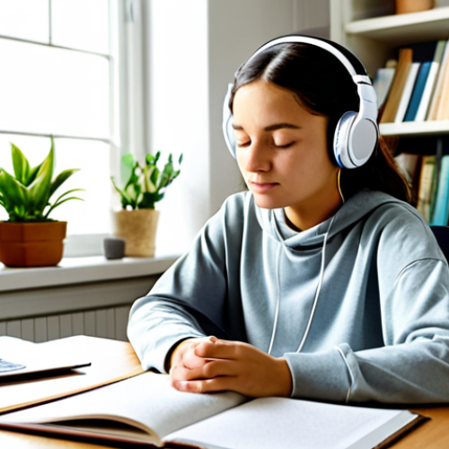 Home 8 Music Therapy for Anxiety Relief**
A young student, fully clothed in modest casual wear, sitting in a sunlit room listening to music through headphones, eyes closed, peaceful expression. Soft, calming colors. Background shows a tidy desk with books and plants. Safe for work, appropriate content, professional, fully clothed, perfect anatomy, natural proportions, family-friendly.
**