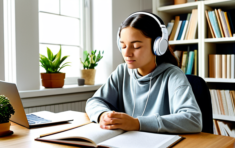 Music Therapy for Anxiety Relief**

A young student, fully clothed in modest casual wear, sitting in a sunlit room listening to music through headphones, eyes closed, peaceful expression. Soft, calming colors. Background shows a tidy desk with books and plants. Safe for work, appropriate content, professional, fully clothed, perfect anatomy, natural proportions, family-friendly.

**