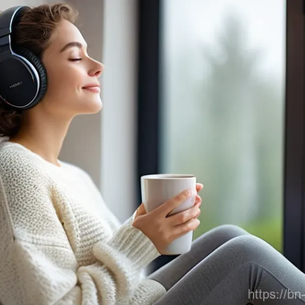 음악테라피사 치료 기법 - A serene young woman in her early 20s, with short, curly brown hair, wearing a soft, oversized knitt...