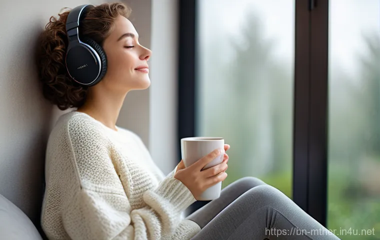 음악테라피사 치료 기법 - A serene young woman in her early 20s, with short, curly brown hair, wearing a soft, oversized knitt...