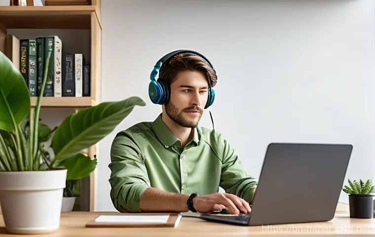 음악테라피사 치료 기법 - A serene young woman in her early 20s, with short, curly brown hair, wearing a soft, oversized knitt...