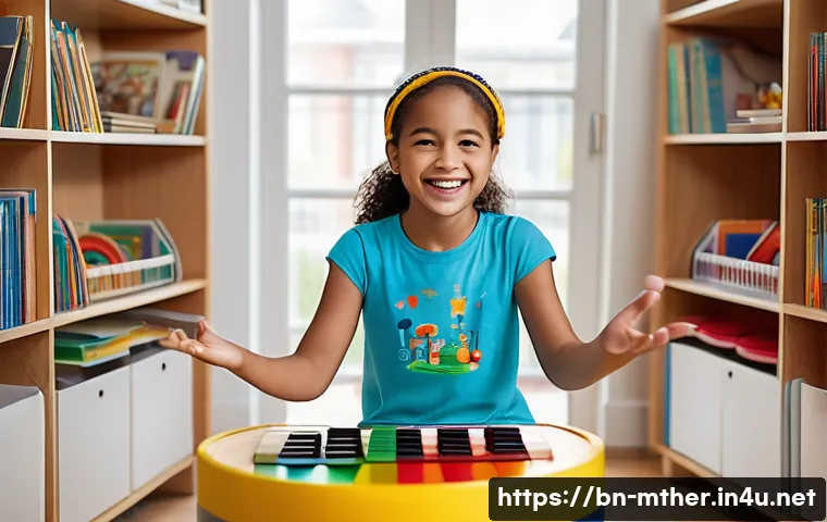 음악테라피사 전문가로 성장하기 - A brightly lit, modern music therapy room designed for children. A kind-faced female music therapist...