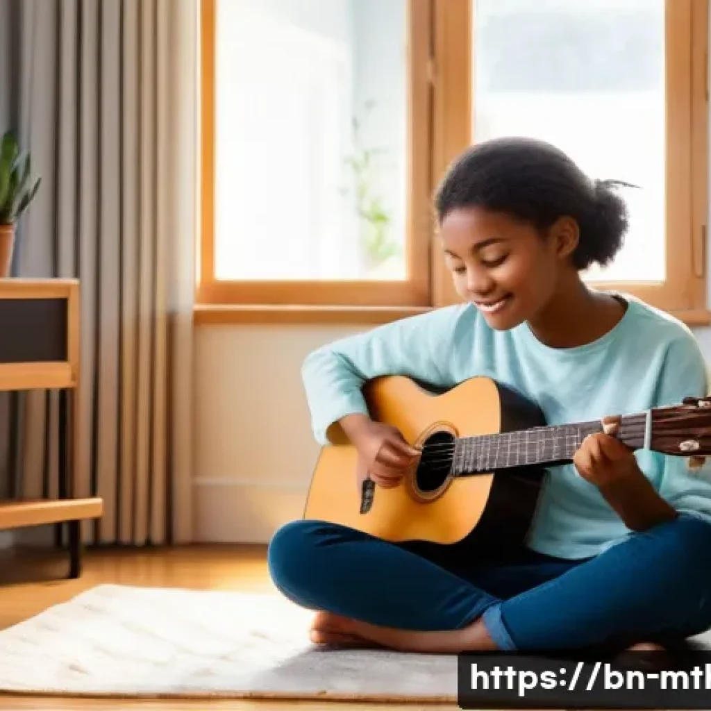 음악테라피사 실습 팁 - "A young, empathetic female music therapy intern, wearing a long-sleeved cotton blouse and dark trou...