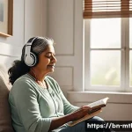 Home 18 음악테라피사 환자 사례 - A serene indoor scene showing a middle-aged Bengali woman sitting comfortably in a cozy room, wearin...