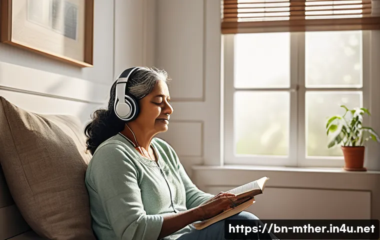 음악테라피사 환자 사례 - A serene indoor scene showing a middle-aged Bengali woman sitting comfortably in a cozy room, wearin...