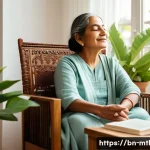 음악테라피사 치료 사례 - A serene therapy room setting featuring a middle-aged Bengali woman sitting comfortably in a cozy ar...