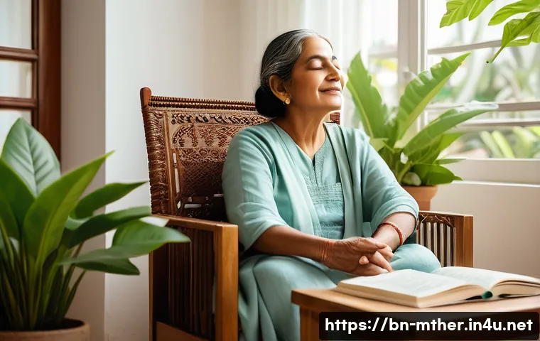 음악테라피사 치료 사례 - A serene therapy room setting featuring a middle-aged Bengali woman sitting comfortably in a cozy ar...