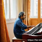 음악테라피사 교육과정 - A professional music therapist in a calm therapy room, attentively listening to a middle-aged Bengal...