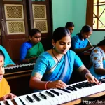 음악테라피사 교육비 - A serene classroom setting in Bangladesh where a diverse group of Bengali students, wearing modest p...