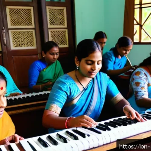 음악테라피사 교육비 - A serene classroom setting in Bangladesh where a diverse group of Bengali students, wearing modest p...