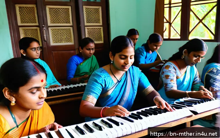 음악테라피사 교육비 - A serene classroom setting in Bangladesh where a diverse group of Bengali students, wearing modest p...