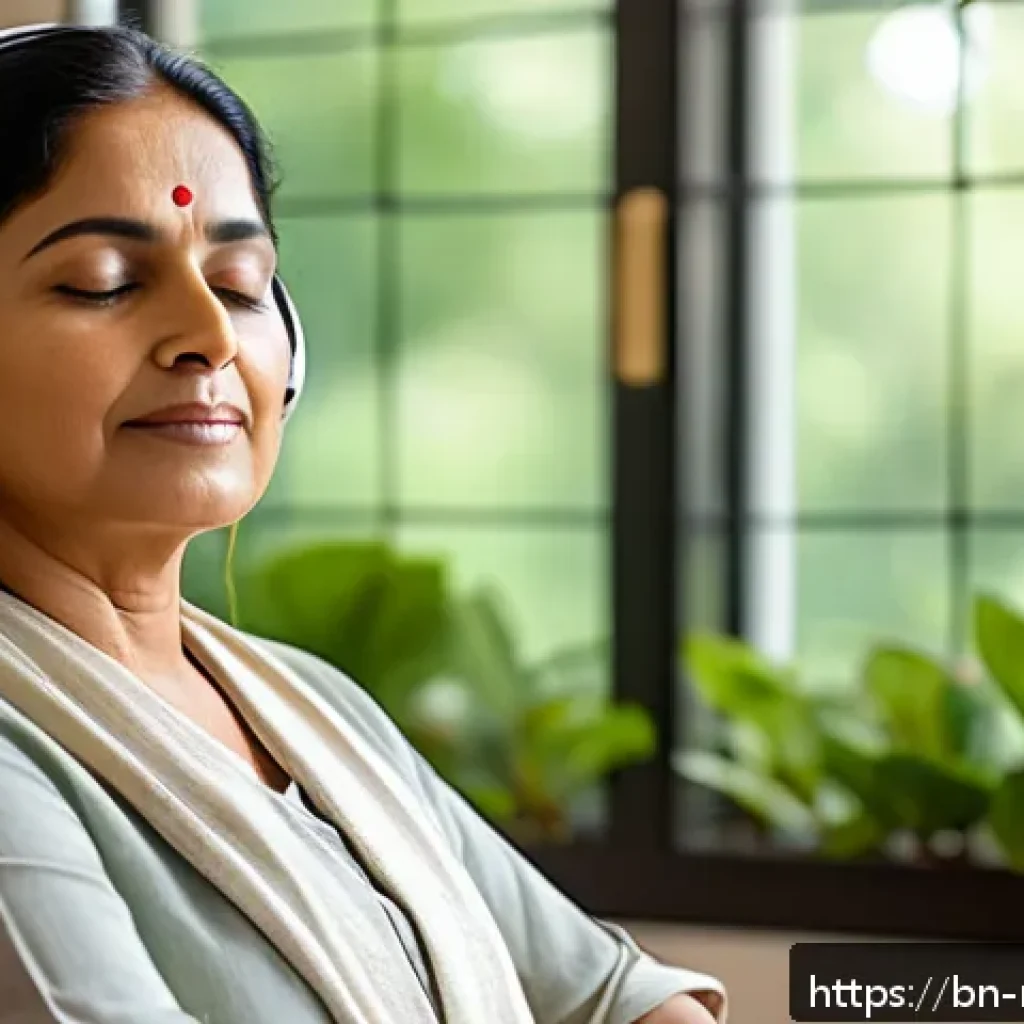 음악테라피사 실무 팁 - A serene therapy room bathed in soft natural light, featuring a middle-aged Bengali woman sitting co...