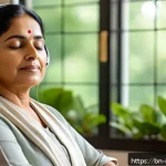 음악테라피사 실무 팁 - A serene therapy room bathed in soft natural light, featuring a middle-aged Bengali woman sitting co...