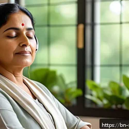 음악테라피사 실무 팁 - A serene therapy room bathed in soft natural light, featuring a middle-aged Bengali woman sitting co...
