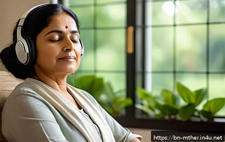 음악테라피사 실무 팁 - A serene therapy room bathed in soft natural light, featuring a middle-aged Bengali woman sitting co...