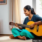 음악테라피사 직무 역량 - A compassionate music therapist, a Bengali woman in her early 30s, attentively playing an acoustic g...