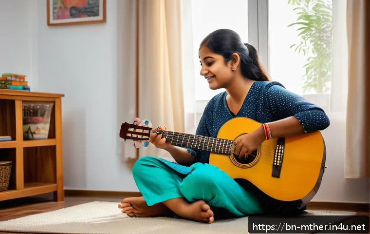음악테라피사 직무 역량 - A compassionate music therapist, a Bengali woman in her early 30s, attentively playing an acoustic g...