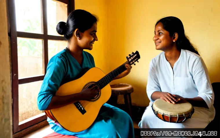 음악테라피사 업무일기 - Photorealistic music therapist in a warm, sunlit therapy room in Bangladesh, seated beside an adult ...